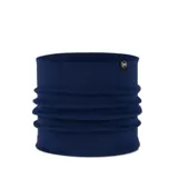 Cuello de punto circular marca Buff, color azul marino, con diseño tejido y etiqueta pequeña con logo de la marca.