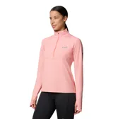 Remera de manga larga Columbia con cierre frontal parcial, cuello alto y aberturas para pulgares en los puños. Diseño técnico de secado rápido con tecnología de protección solar y control de olores.