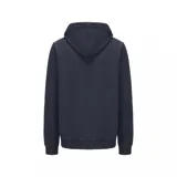 Campera tipo hoodie con cierre frontal, color azul marino, con capucha ajustable mediante cordones y bolsillos tipo canguro. Presenta un parche circular con el logo de la marca en el pecho.