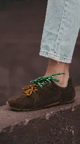 Zapatillas urbanas de cuero celeste y mesh gris, con suela de goma y doble juego de cordones intercambiables en color verde y blanco.