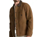 Campera de lona encerada color marrón, con cuello de pana en tono contrastante, cierre frontal con cremallera y botones a presión, bolsillos frontales tipo parche y forro interior de franela.