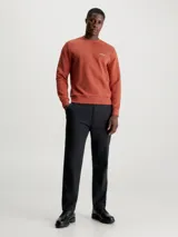 Buzo de hombre color terracota, confeccionado en mezcla de algodón y poliéster, con cuello redondo, puños y bajo acanalados. Presenta un micro logo de Calvin Klein en contraste en el pecho.