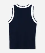 Top de punto acanalado color azul marino, corte ajustado, sin mangas y con cuello en V ribeteado en blanco.