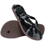 Chancletas Havaianas modelo Top Camu, con diseño de estampado camuflado en tonos negros y grises, y tiras negras con el logo de la marca en contraste.