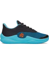 Championes de básquetbol Under Armour Curry Splash 26, con diseño en tonos azul y negro. Presentan una parte superior de tejido transpirable con refuerzos de TPU, cuello acolchado para mayor soporte y amortiguación reactiva UA HOVR. Incluyen el logo de Curry en color naranja en el lateral y suela de goma resistente con patrón de tracción para diversas superficies.