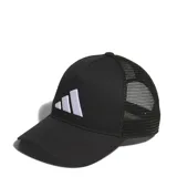 Gorra tipo trucker de Adidas, color negro con panel trasero de malla y logo de la marca bordado en blanco en el frente.