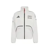 Campera adidas del equipo Audi Revolut F1 Team, de color blanco con cierre frontal negro y cuello alto. Presenta detalles de patrocinadores estampados en el pecho y las mangas, junto con las clásicas tiras de adidas en los hombros.