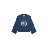 Remera de manga larga azul marino con cuello redondo y estampado frontal circular con el logo y la inscripción "Eme Studios Madrid".
