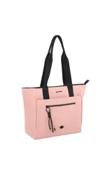 Cartera tipo tote de Las Oreiro, color negro, con tiras fijas, bolsillo frontal con cierre y detalle de logo de labios metálico en la parte inferior.