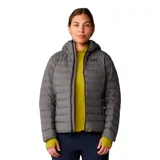 Campera puffer Mountain Hardwear modelo Deloro Down Fz Hoody, de color gris, con capucha, cierre frontal completo y bolsillos laterales con cierre. Cuenta con tecnología Pertex® Quantum y relleno de plumón.