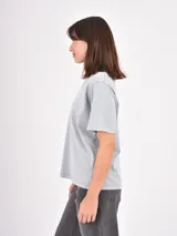 Remera de algodón color gris claro con efecto lavado, cuello redondo y detalle de pequeñas tachas metálicas dispersas en la parte superior delantera y mangas.