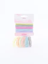 Pack de 16 accesorios para el pelo que incluye bandas elásticas de tela en tonos pasteles y coleros tipo espiral de plástico transparente en diversos colores.