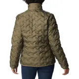 Campera puffer Columbia modelo Delta Ridge II, color verde oliva. Presenta construcción térmica sin costuras HeatSeal, cierre frontal completo, cuello alto con protector de barbilla y bolsillos laterales con cierre. Incluye tecnología Omni-Heat reflectante y aislamiento de plumón.