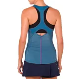 Musculosa deportiva Asics de mujer, color celeste, con espalda cruzada y logo estampado en el pecho.