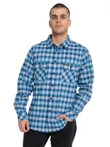 Camisa de manga larga con estampado de cuadros en tonos azules y blancos. Presenta cuello clásico, cierre frontal con botones, dos bolsillos en el pecho con solapa y puños ajustables.
