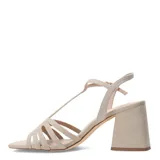 Sandalias de tacón ancho Miss Carol modelo Rixa, color beige, con tiras delanteras curvas, diseño tipo jaula y tira ajustable al tobillo.