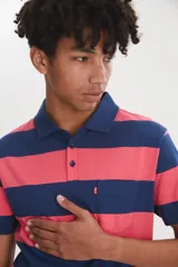 Chomba manga corta a rayas horizontales azul marino y rosa, con cuello clásico y bolsillo en el pecho.