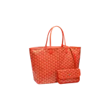 Cartera tipo tote bag Goyard modelo Saint Louis PM, color naranja, con diseño geométrico estampado y asas dobles superiores. Incluye un pequeño monedero o neceser desmontable con solapa y cierre de broche a presión.