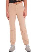 Pantalón cargo beige de tiro medio, con diseño de paneles dobles en la parte delantera, bolsillos frontales y traseros, y ajuste relajado a lo largo de la pierna.