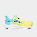 Championes de running Altra modelo Torin 7, color amarillo con detalles en celeste y blanco.