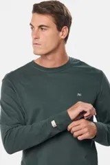 Remera manga larga lisa, color gris claro, con cuello redondo y logo bordado en el pecho.