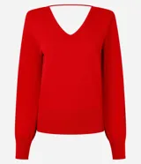 Blusa de punto color rojo con escote en V, mangas largas y hombreras.