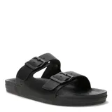 Sandalias de hombre con diseño de doble tira ajustable mediante hebillas, confeccionadas en material sintético con textura granulada y suela plana de goma.