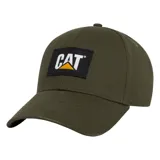 Gorra tipo baseball color verde oliva, con visera curva y parche frontal de silicona con el logo de la marca Caterpillar en blanco, negro y amarillo.