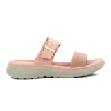 Sandalias de confort color rosa con dos tiras, una lisa con hebilla dorada y otra con glitter.