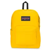 Mochila Jansport SuperBreak Plus color amarillo, con logo de la marca en el frente, un compartimento principal, bolsillo frontal con organizador, funda interna acolchada para laptop, bolsillo lateral para botella de agua, tirantes acolchados y panel trasero acolchado.