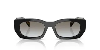 Lentes de sol Prada modelo Symbole, con armazón de acetato negro de diseño rectangular grueso y geométrico, y cristales degradados grises.