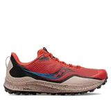 Championes Saucony Peregrine 12 para hombre, color naranja con detalles en negro y azul. Zapatillas de trail running neutras con amortiguación PWRRUN y suela PWRTRAC.