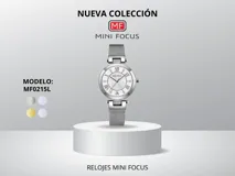 Reloj de pulsera Mini Focus modelo MF0215L para mujer, con caja plateada, dial blanco con números romanos y malla metálica plateada. Resistente al agua (30m).