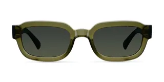 Lentes de sol ovalados con montura verde oliva y lentes verdes polarizadas.