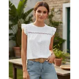 Blusa de tela broderie color negro, con cuello redondo, mangas cortas con volados y detalle de calado horizontal en la parte superior del pecho.