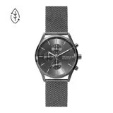 Reloj cronógrafo Skagen con caja de acero inoxidable color gris oscuro y malla metálica de eslabones finos a juego. Esfera gris oscuro con índices plateados y tres subesferas.