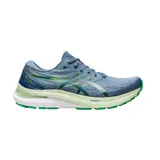 Championes de running Asics Gel-Kayano 29, color azul con detalles en verde lima y blanco. Cuentan con tecnología FF Blast+ en la entresuela para mayor amortiguación y soporte.