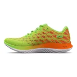 Championes de running Under Armour modelo Flow Velociti Wind, con tecnología de amortiguación Flow de una sola pieza y parte superior Warp para mayor sujeción y transpirabilidad. Diseño en colores verde neón y naranja con logo de la marca en negro.