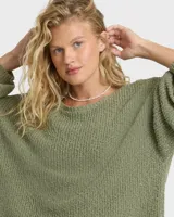 Sweater Billabong Open Air de tejido de punto rústico, color verde militar, con escote en V pronunciado y mangas largas holgadas de caída relajada.