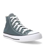 Championes de caña alta Converse modelo Chuck Taylor All Star, confeccionados en lona color verde con puntera y suela de goma blanca. Presentan cordones blancos y ojales metálicos, manteniendo el diseño clásico icónico de la marca.