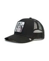 Gorra tipo trucker de color negro con panel frontal estructurado, malla trasera y visera curva. Presenta un parche bordado en el frente con la imagen de un tigre blanco y la palabra Tiger.