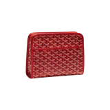 Neceser Goyard Jouvence MM en lona con el clásico estampado chevron de la marca en tonos rojos y blancos, con detalles de cuero rojo y cierre superior con cremallera.