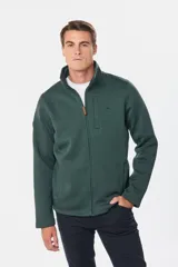 Campera gris jaspeado con cierre frontal, cuello alto y bolsillos laterales. Interior de polar.