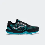 Championes de tenis Joma modelo Point 2531, diseñados para alto rendimiento. Cuentan con capellada de malla transpirable, refuerzos de goma y mediasuela de phylon con tecnología STABILIS. Suela de caucho de alta durabilidad en color negro con detalles en turquesa.