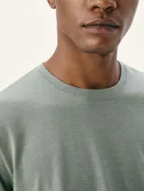 Camiseta básica de manga corta y cuello redondo, color rojo oscuro.