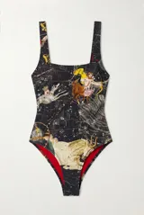 Malla enteriza de color negro con estampado de constelaciones y figuras mitológicas, cuello redondo y tirantes anchos.