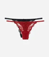 Kit de dos bombachas colaless de encaje floral, una roja y otra negra, con laterales regulables y lazo decorativo en el frente.