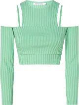 Top Calvin Klein Jeans color verde menta, de punto acanalado, con mangas largas y hombros descubiertos.