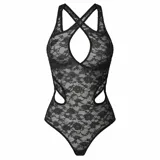 Body de encaje negro con diseño floral, escote en V profundo y tiras cruzadas en el cuello. Presenta aberturas laterales en la cintura.