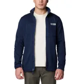 Campera polar de hombre con cierre frontal completo, cuello alto y bolsillo en el pecho con cierre. Presenta un diseño de tejido texturizado y refuerzos en la zona del pecho y cierre.